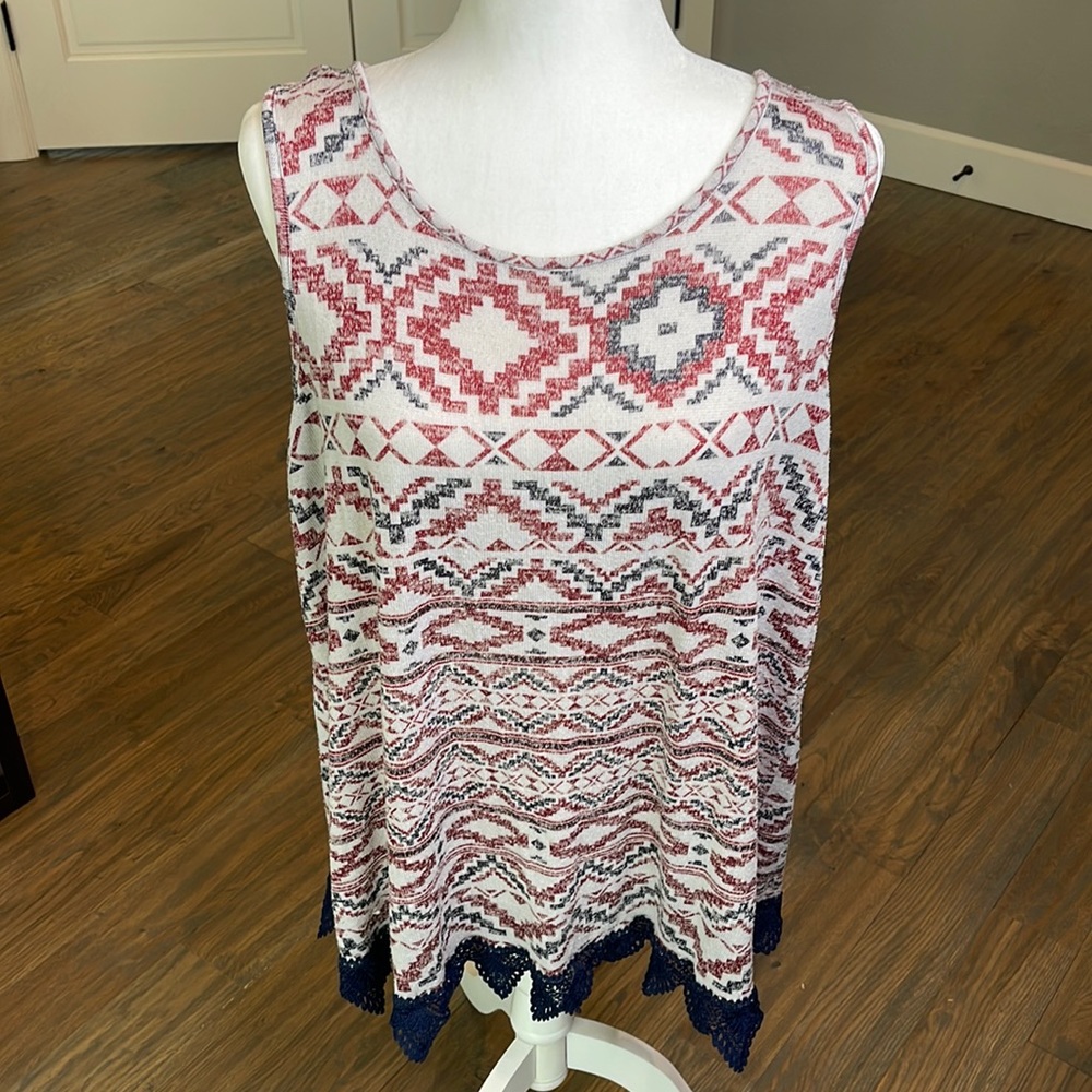 Navy blue and red geometric tank top. Size 2x. Very lightweight material.